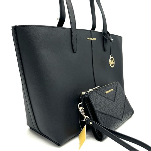 Michael Kors Medium Jet Set Travel Zip Tote Bag & Double Zip Wallet Black/Gold - Picture 4 of 13